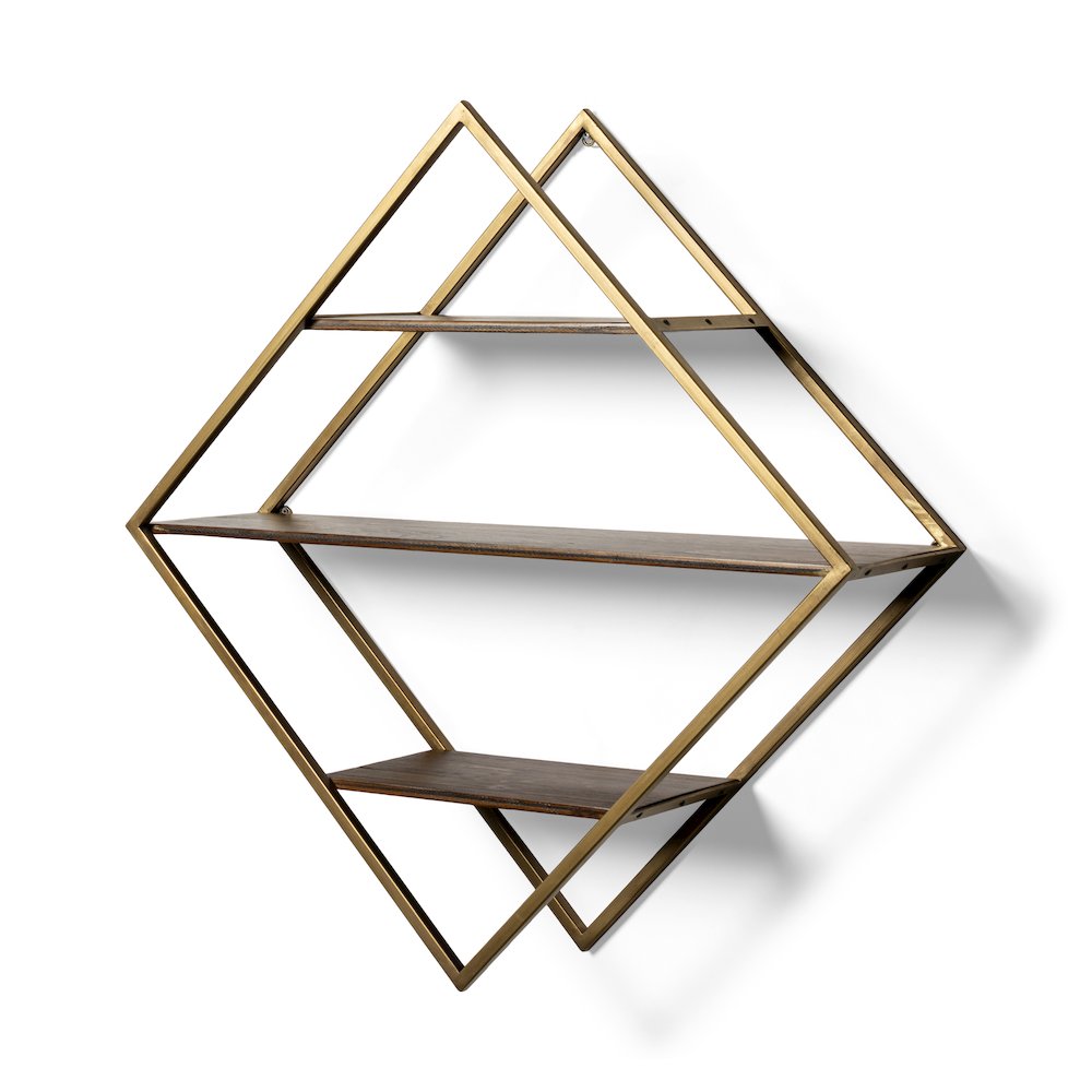 Neil I Diamond Shape Wall Mounted Brass Frame w Three Wood Wall Shelves. Picture 1