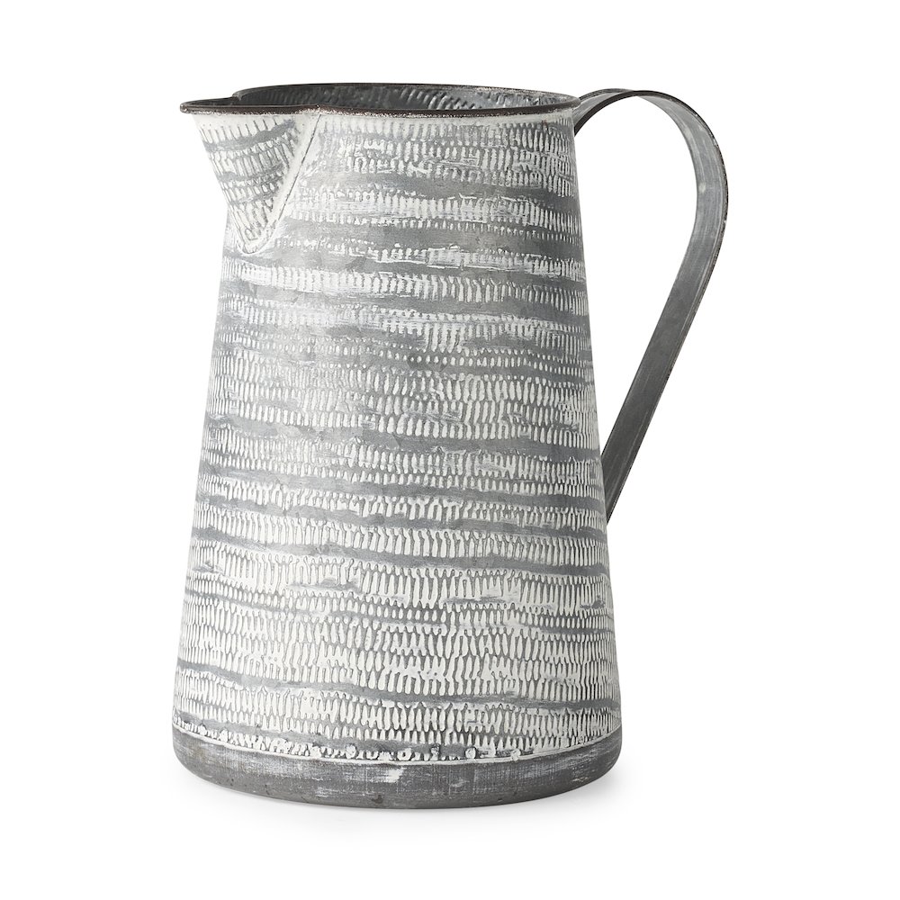 Serena II 11.2H Large Gray/White Textured Metal Jug. Picture 1