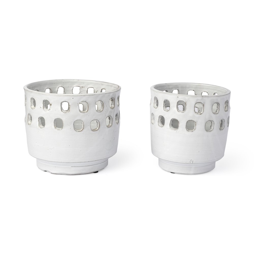 Larissa Set of Two White Ceramic Hollow Pattern Vases. Picture 1