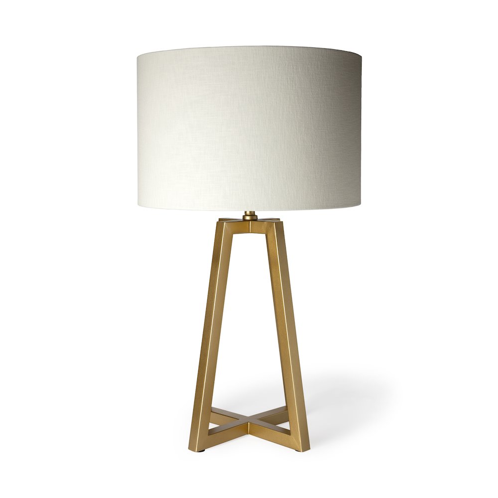 Raelynn (29"H) White-Linen Drum Shade w/ Gold Metal Frame Table Lamp. Picture 1