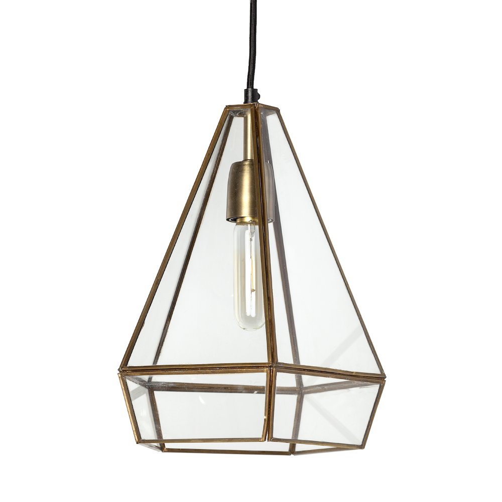 Prima 9.5x12.5 Gold Metal and Glass Pyramid Pendant Light. Picture 1