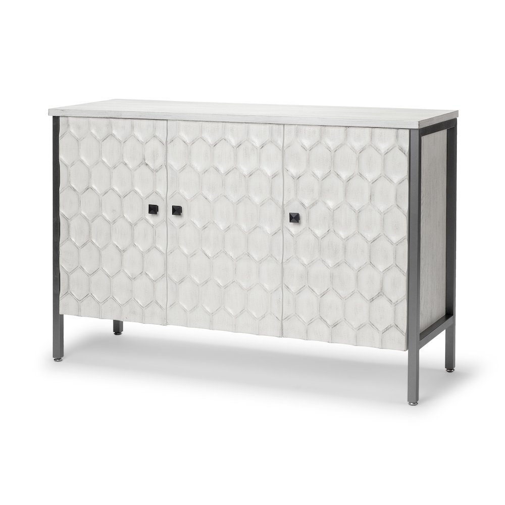 Savannah White Fir Veneer & Gray Metal 3-Door Accent Cabinet. Picture 1
