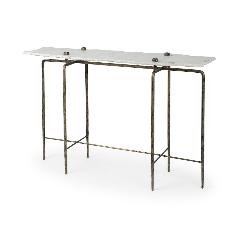 Pinera III 49L x 17W White Marble Top Gold-Toned Iron Base Console Table. Picture 1