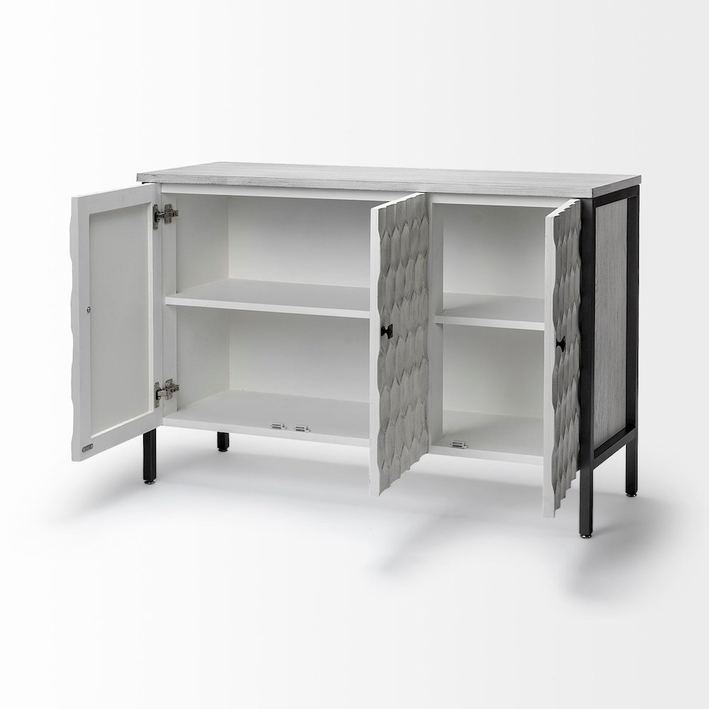 Savannah White Fir Veneer & Gray Metal 3-Door Accent Cabinet. Picture 4