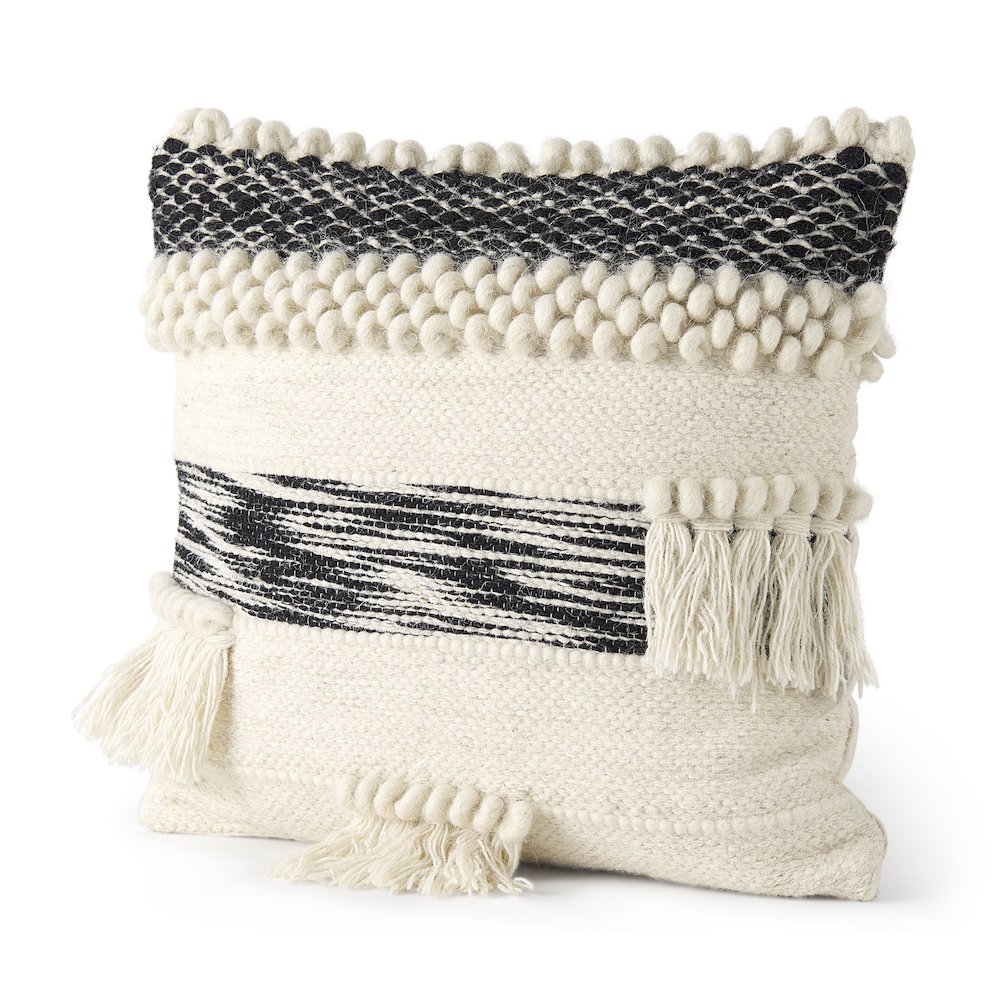 Beardell 18 x 18 Cream And Black Details With Tassels  Decorative Pillow Cover. Picture 1
