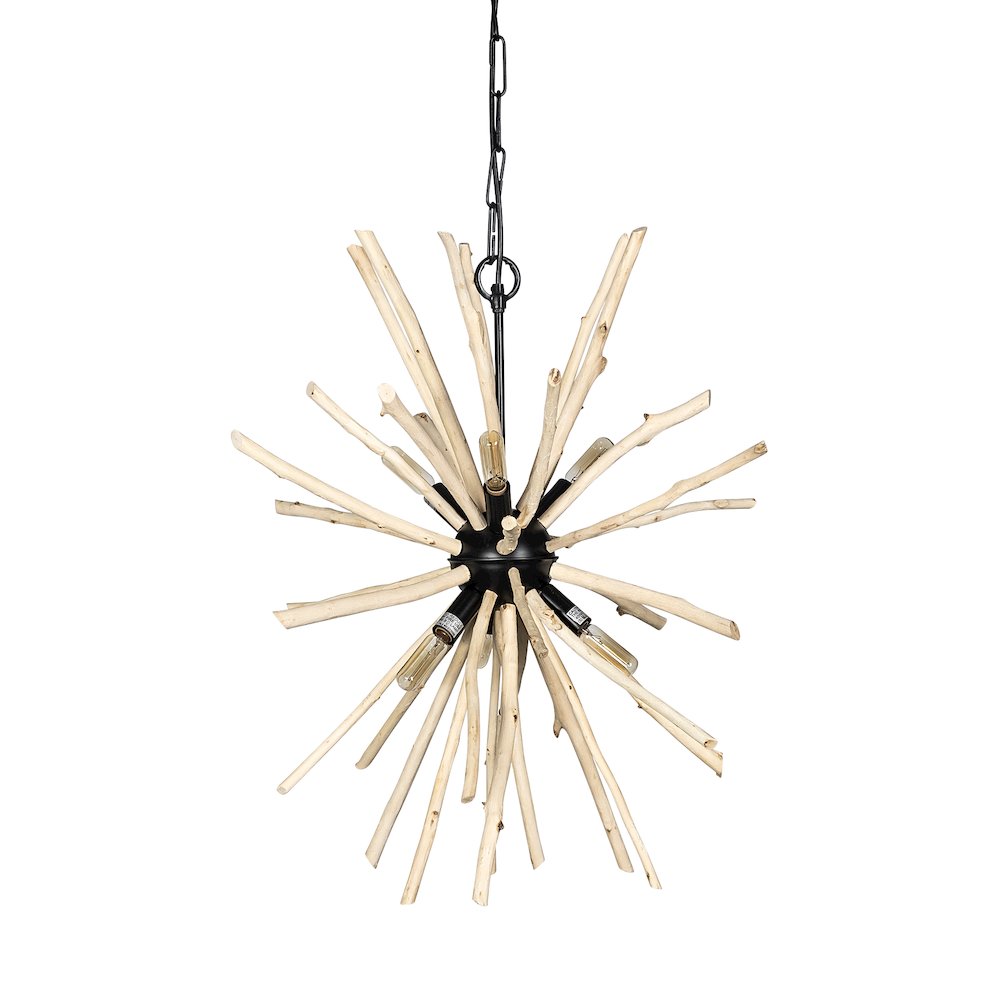 Jules 25x25 Blonde Wood and Black Metal Six Bulb Chandelier Light. Picture 1