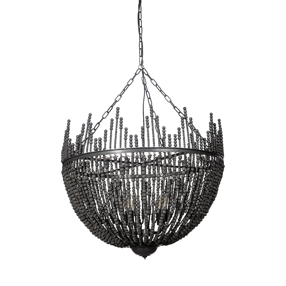 Liam I 32x30 Black Wooden Bead Bowl-Style Four Bulb Chandelier. Picture 1