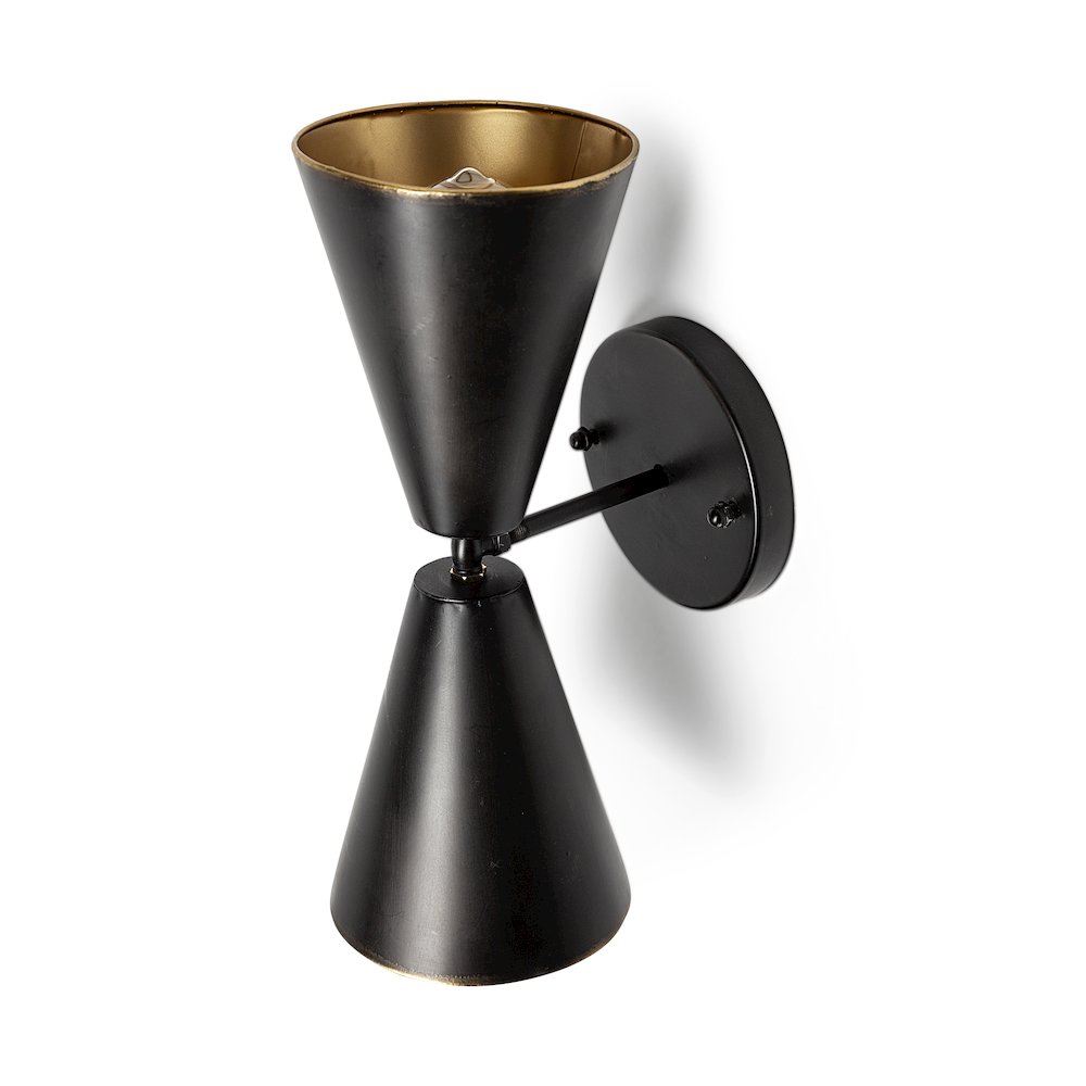 Eris II 7.3x12.6 Black Metal w/Gold Accent Double-Cone Wall Sconce. Picture 1