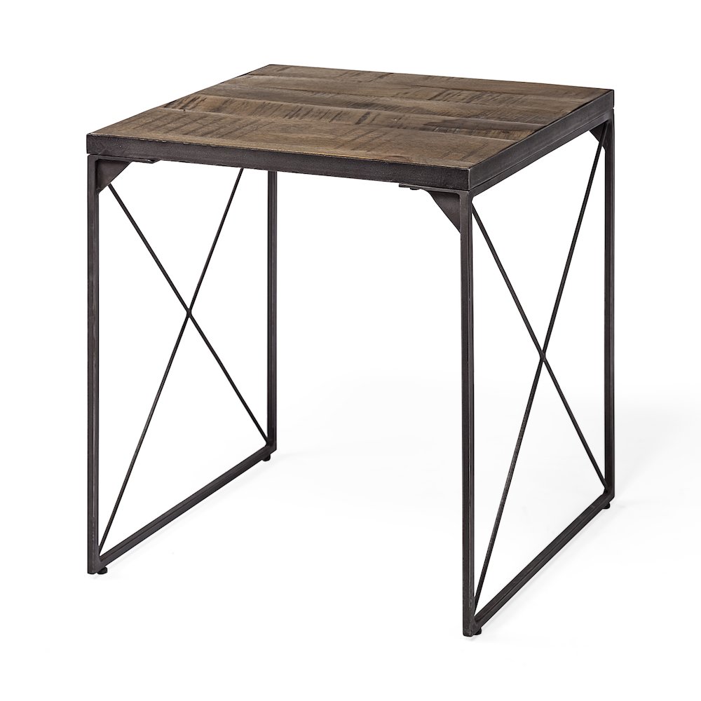 Square Top Medium Brown Wood and Iron Cross Braced End/Side Table. Picture 1