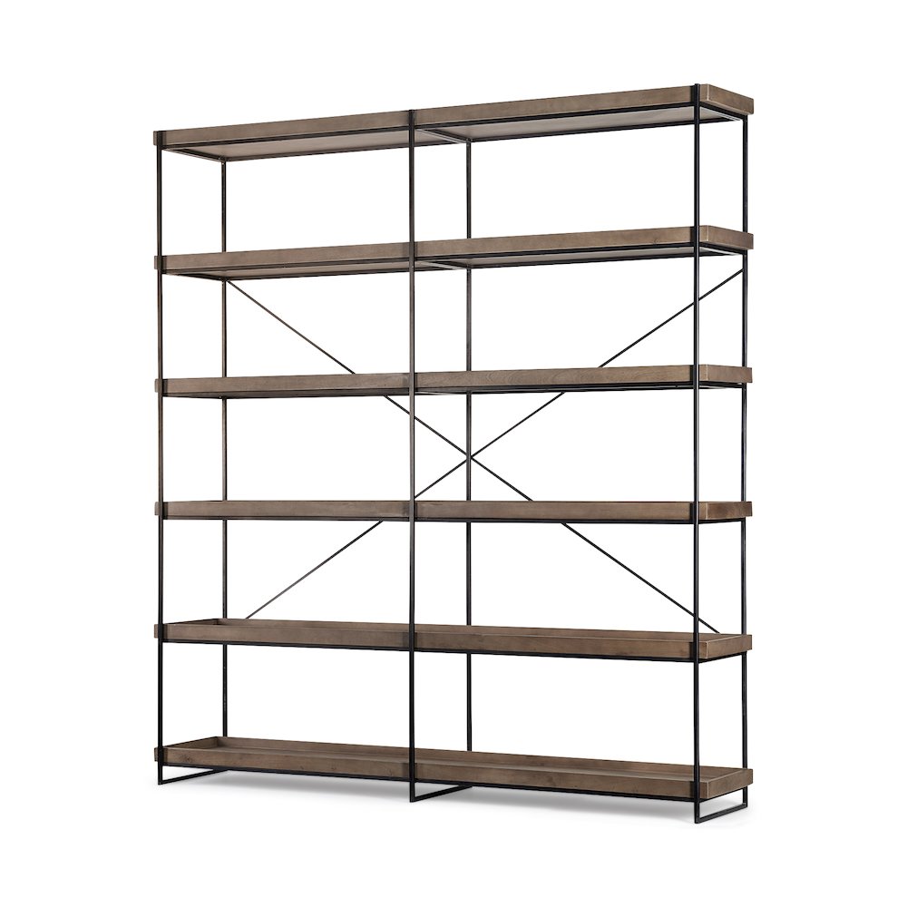 80L x 16W x 87.5H  Medium Brown Wood and Iron Five Tray Shelf Shelving Unit. Picture 1