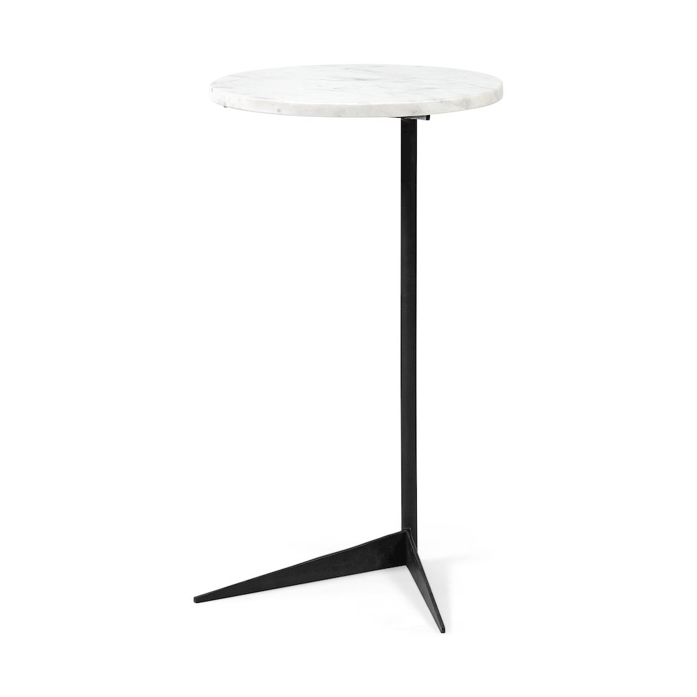White Marble Round Top White w/ Black Metal Base Accent Table. Picture 1