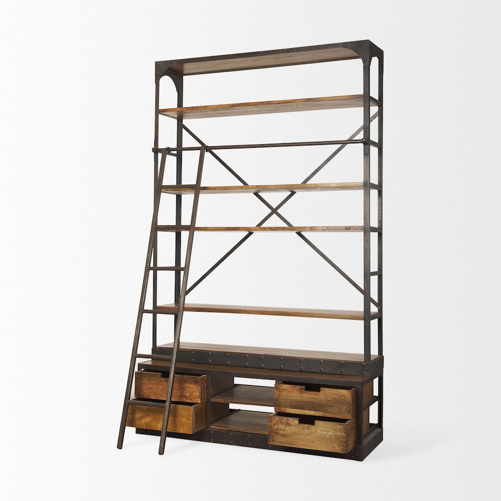 Medium Brown Wood Black Ladder Four Shelf Shelving Unit 57L x 20.5W x94H. Picture 5