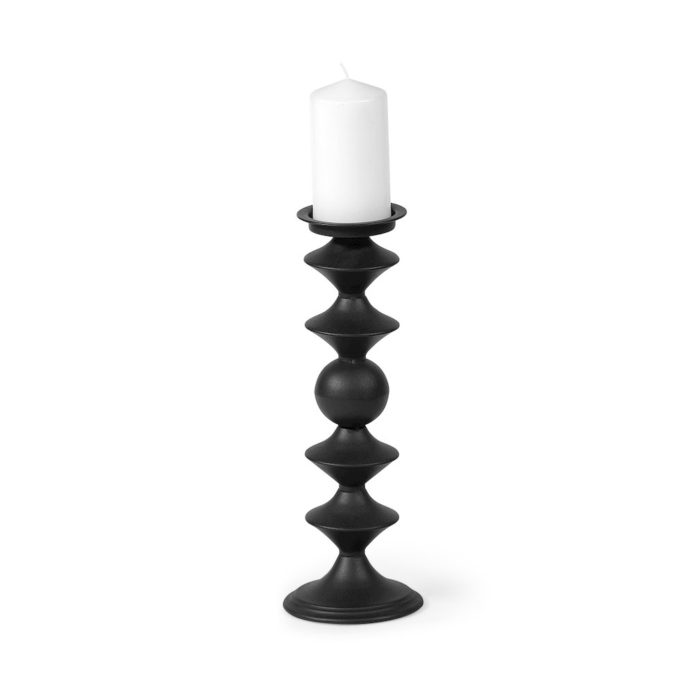 Candelero II Large Black Metal Grooved Table Candle Holder. Picture 1