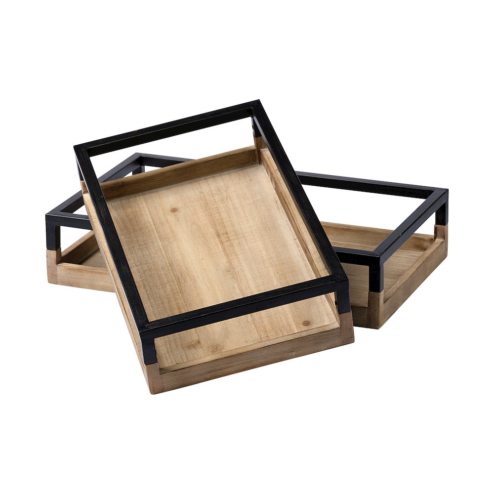 Ross Set of 2 Natural Wood W/ Black Metal Nesting Trays. Picture 1