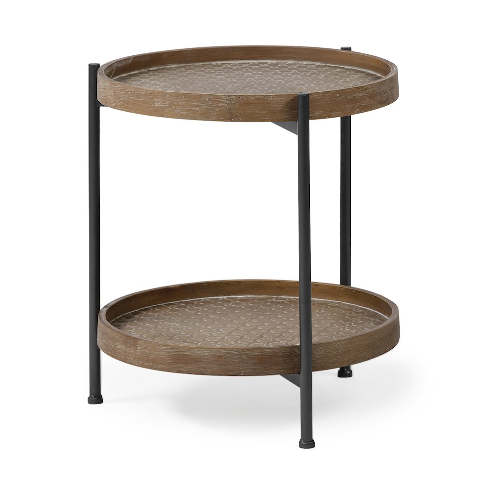 Round Top Natural Brown Wood and Gray Metal Frame Tray-Style End/Side Table. Picture 1