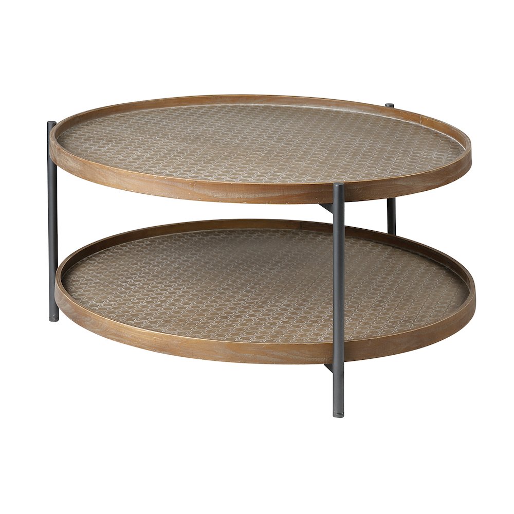 Kade 33" Round Brown Table Gray Metal Frame Two-Tier Coffee Table. Picture 1
