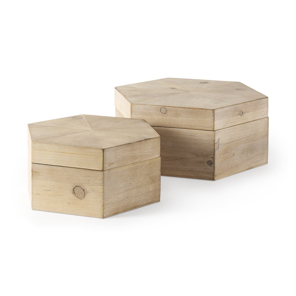 Elyse (Set of 2) 14L x 12W Brown Wooden Hexagonal Boxes. Picture 1