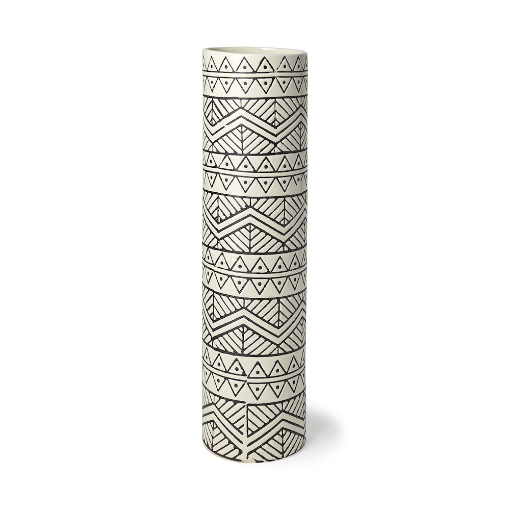 Uhura II Large Cream Black Patterned Cylindrical Ceramic Vase. Picture 1