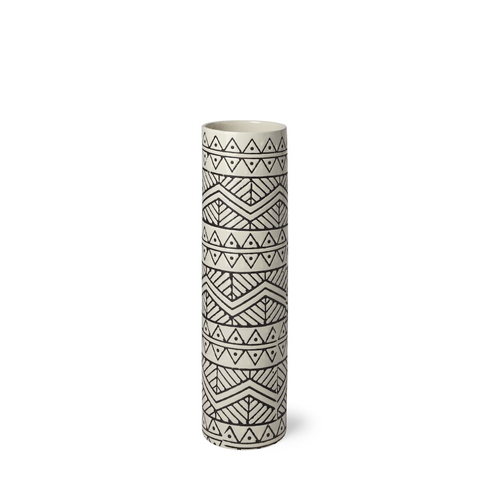 Uhura I Small Cream Black Patterned Cylindrical Vase. Picture 1