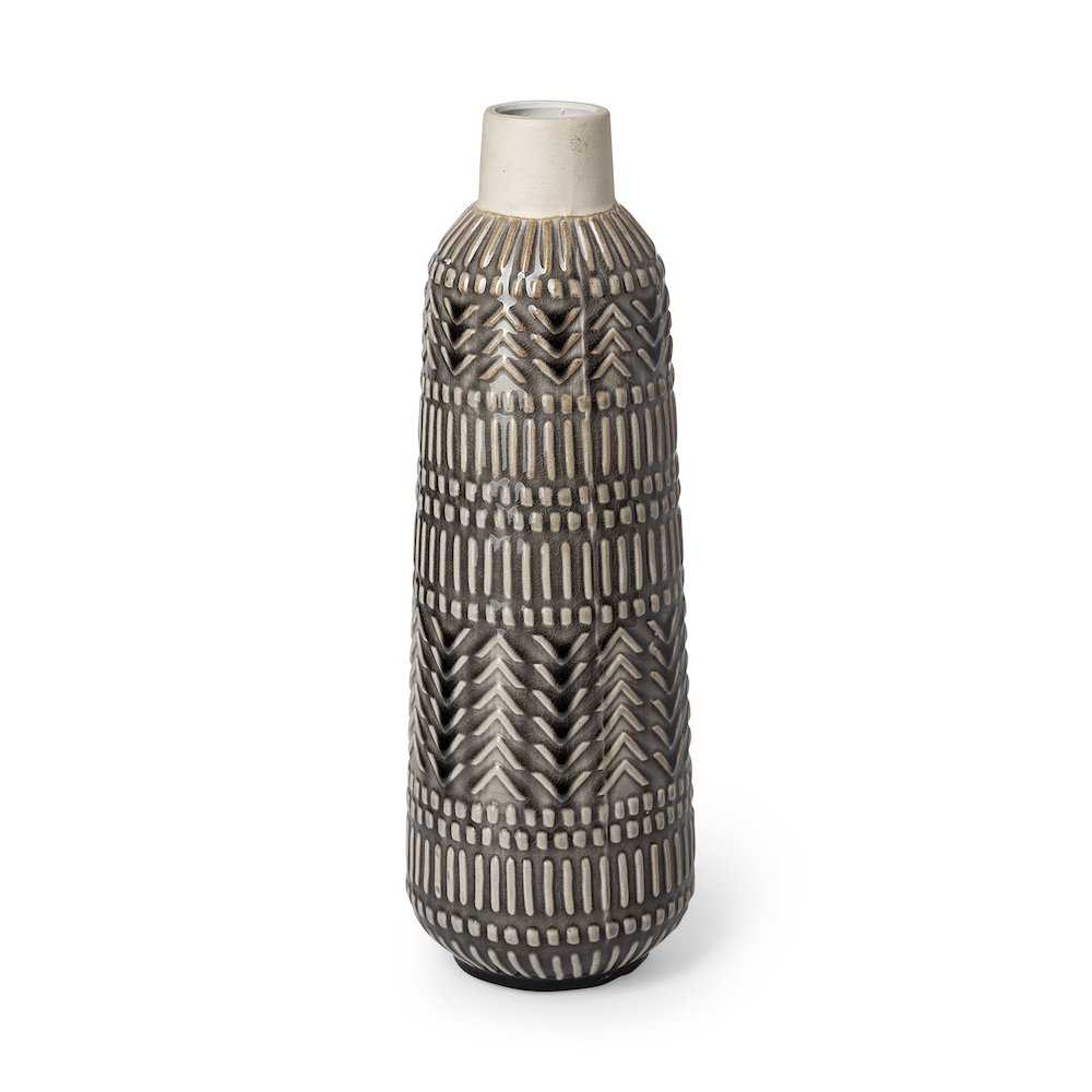 Riker III Large Dark Gray Cream Ceramic Vase. Picture 1
