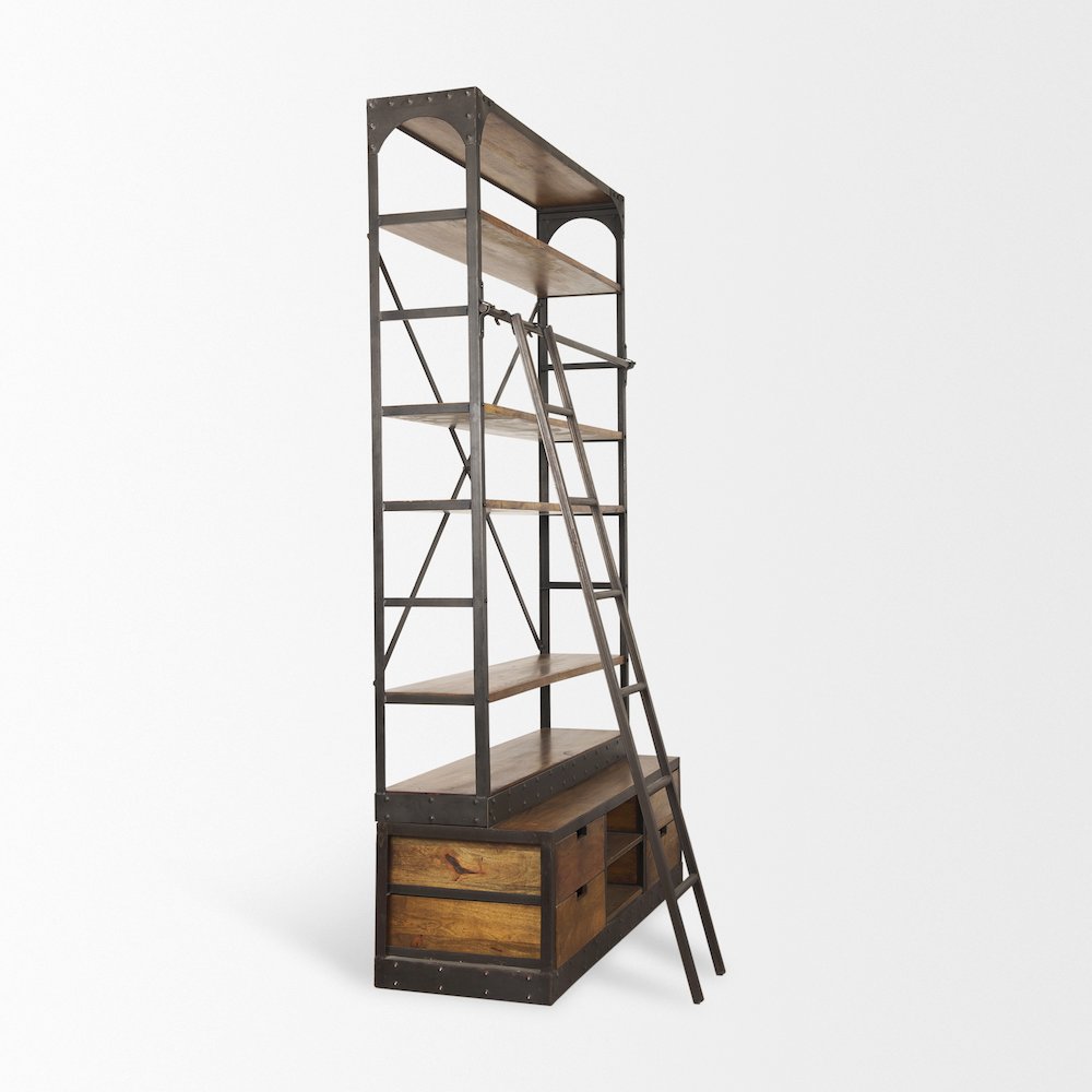 Medium Brown Wood Black Ladder Four Shelf Shelving Unit 57L x 20.5W x94H. Picture 4