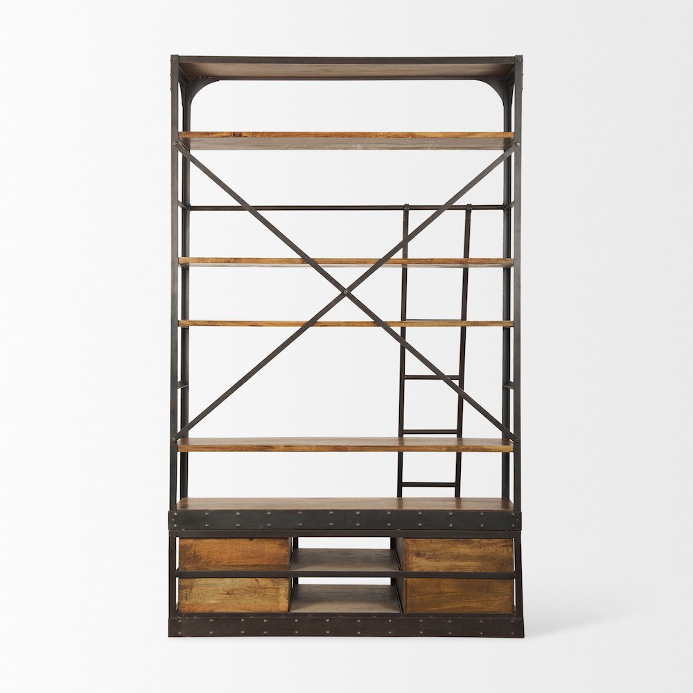 Medium Brown Wood Black Ladder Four Shelf Shelving Unit 57L x 20.5W x94H. Picture 3