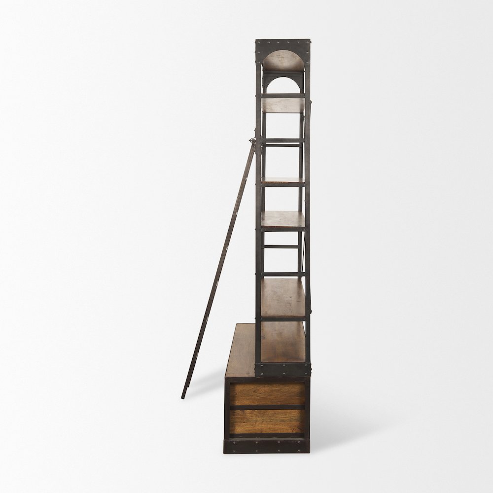 Medium Brown Wood Black Ladder Four Shelf Shelving Unit 57L x 20.5W x94H. Picture 2