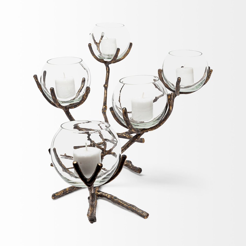 Vine II Distressed Gold Metal Creeper Five Candle Table Candle Holder. Picture 2