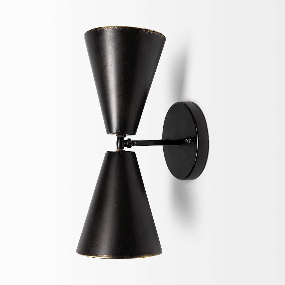 Eris II 7.3x12.6 Black Metal w/Gold Accent Double-Cone Wall Sconce. Picture 2