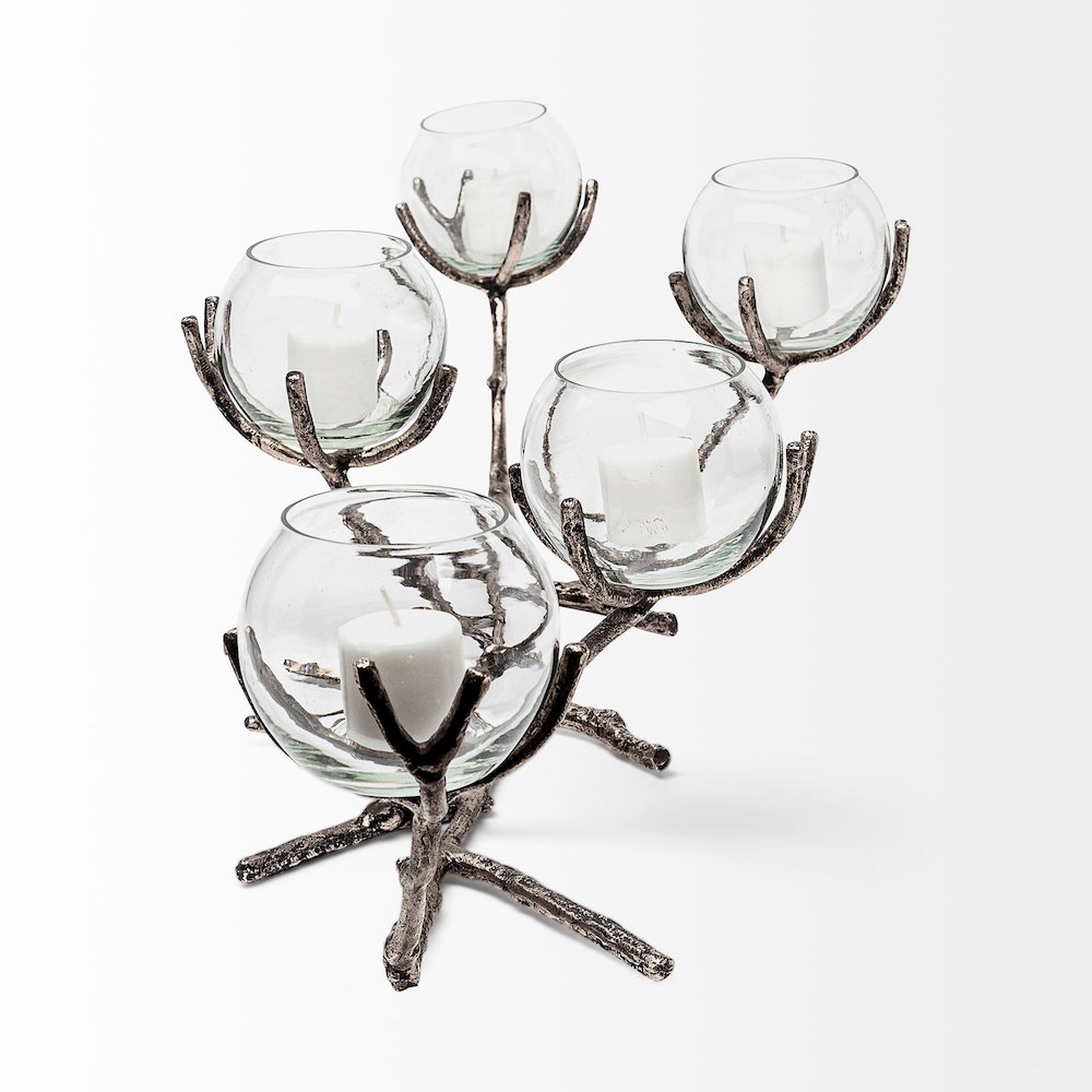Vine I Distressed Silver Metal Creeper Five Candle Table Candle Holder. Picture 2