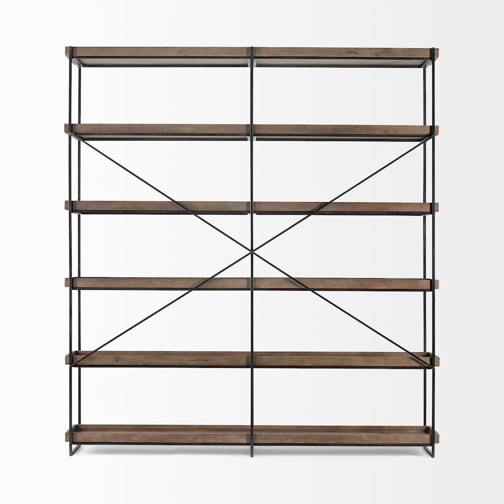 80L x 16W x 87.5H  Medium Brown Wood and Iron Five Tray Shelf Shelving Unit. Picture 3