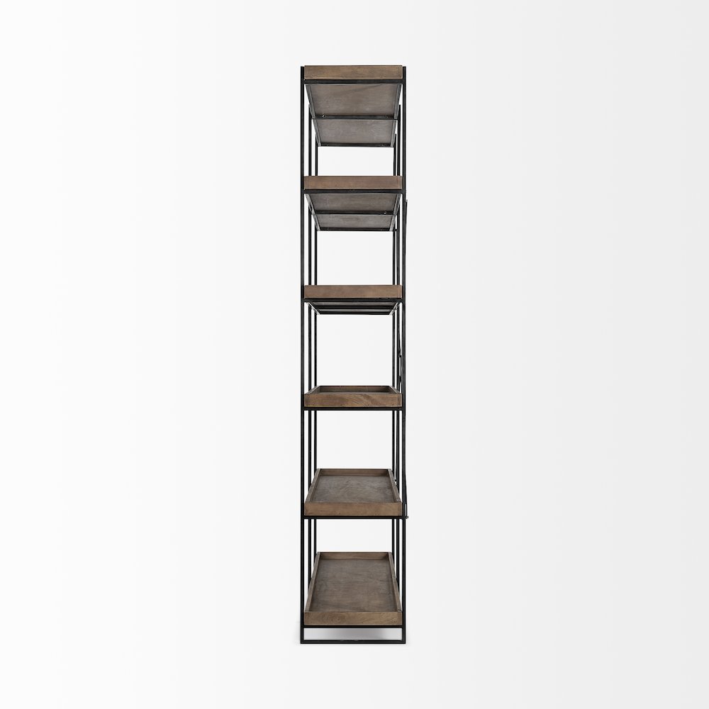 80L x 16W x 87.5H  Medium Brown Wood and Iron Five Tray Shelf Shelving Unit. Picture 2