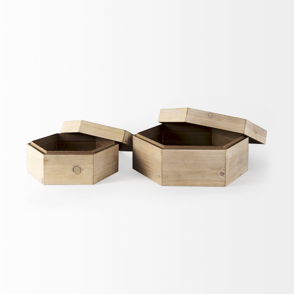 Elyse (Set of 2) 14L x 12W Brown Wooden Hexagonal Boxes. Picture 2