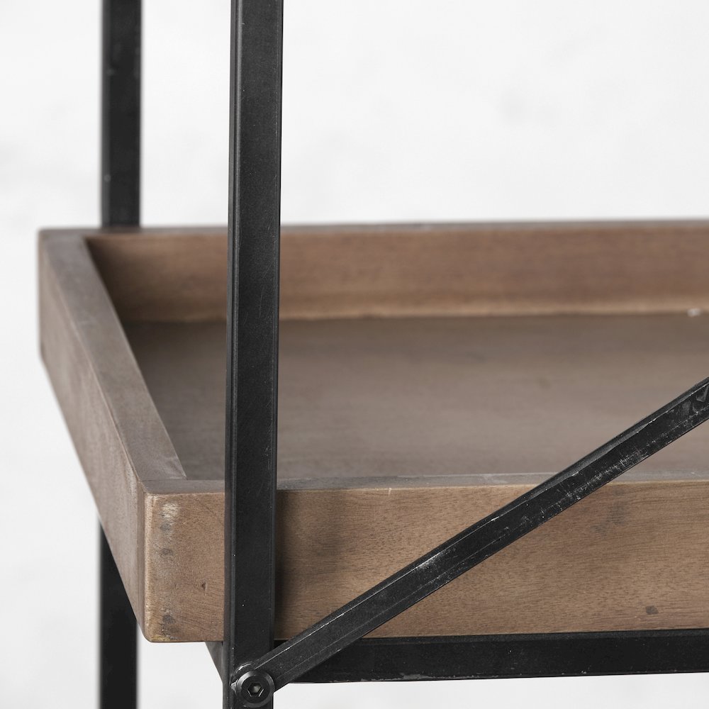 80L x 16W x 87.5H  Medium Brown Wood and Iron Five Tray Shelf Shelving Unit. Picture 4