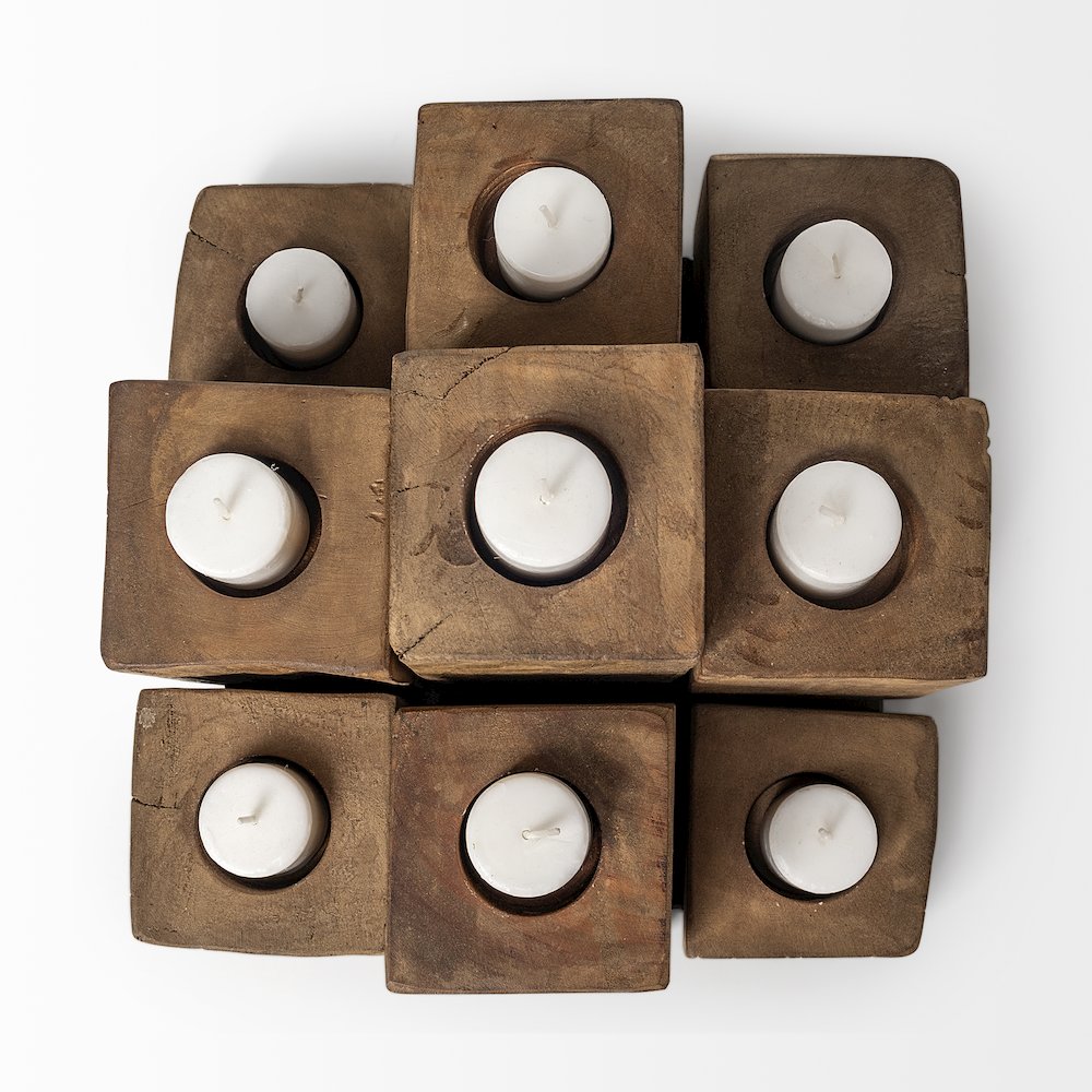 Cassius Light Brown Nine Wood Block Table Candle Holder. Picture 2