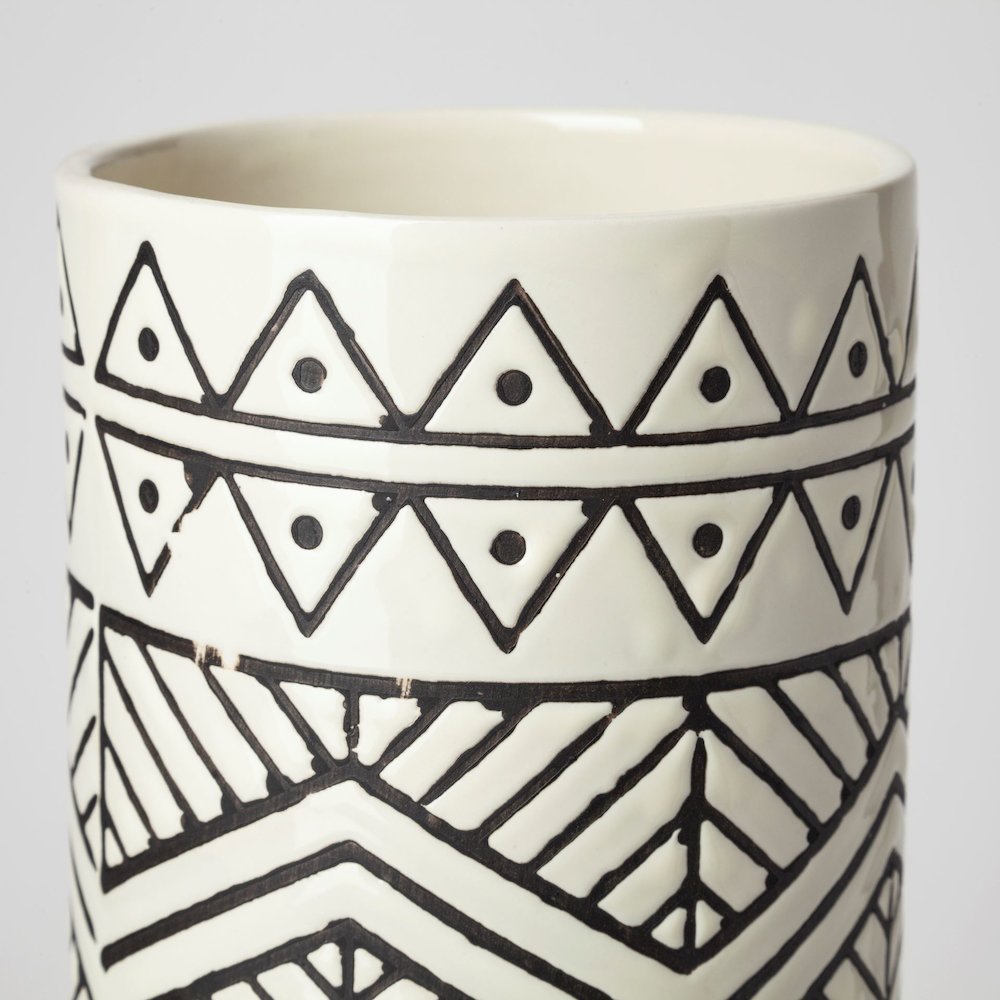 Uhura I Small Cream Black Patterned Cylindrical Vase. Picture 2