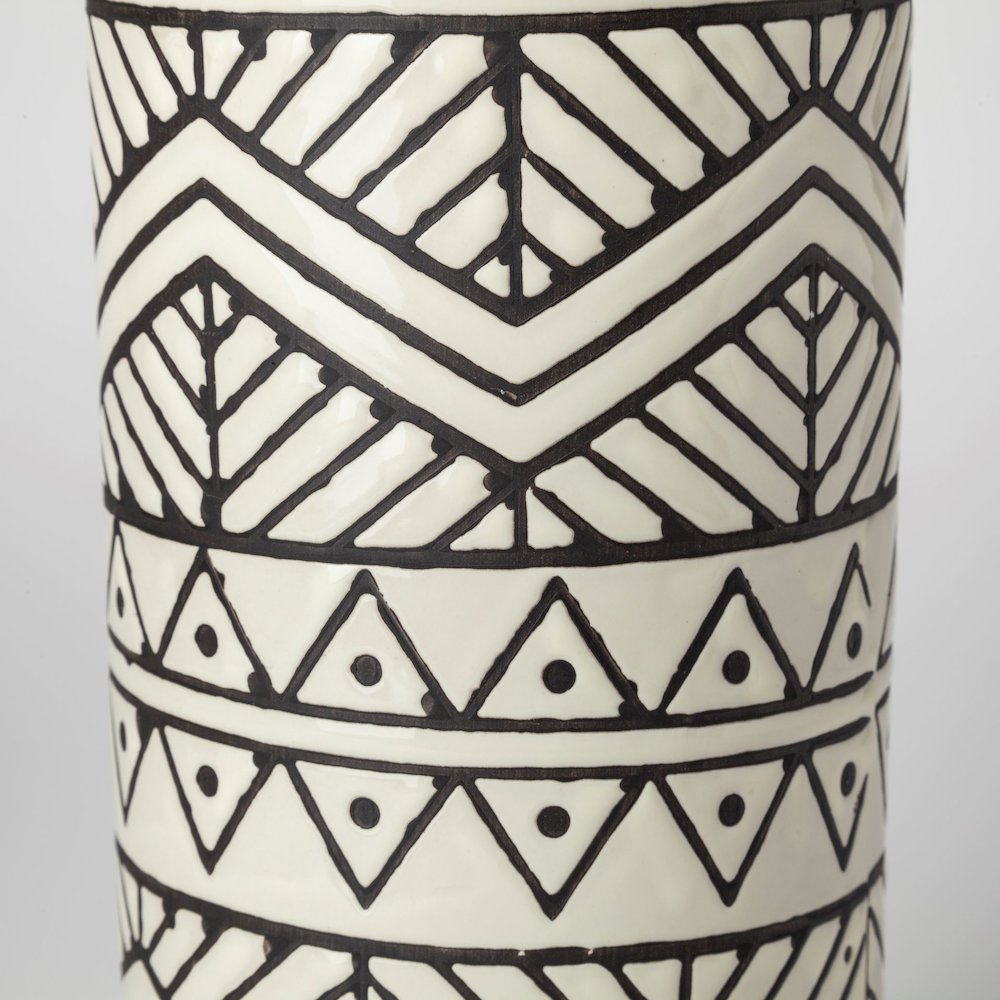 Uhura I Small Cream Black Patterned Cylindrical Vase. Picture 3