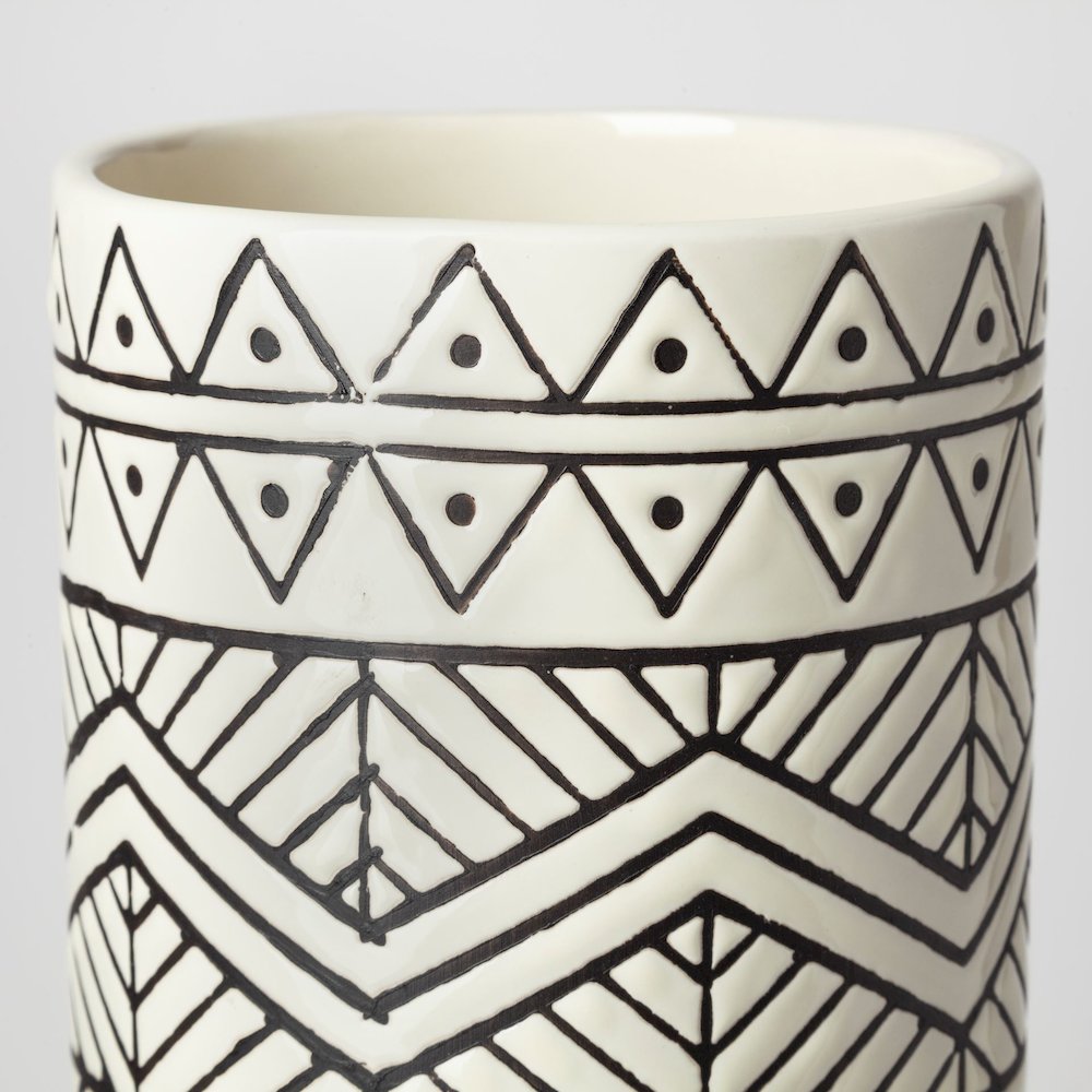 Uhura II Large Cream Black Patterned Cylindrical Ceramic Vase. Picture 2