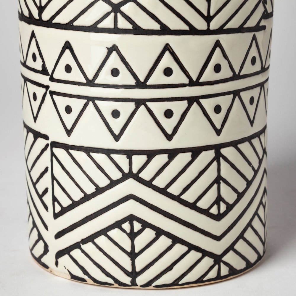 Uhura II Large Cream Black Patterned Cylindrical Ceramic Vase. Picture 3