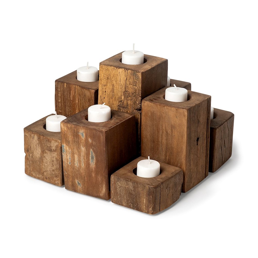 Cassius Light Brown Nine Wood Block Table Candle Holder. Picture 1