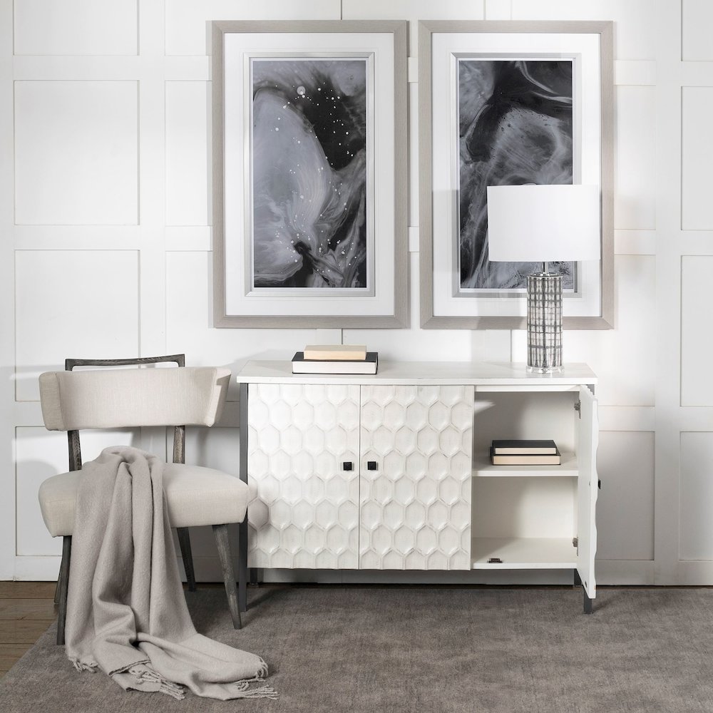Savannah White Fir Veneer & Gray Metal 3-Door Accent Cabinet. Picture 9