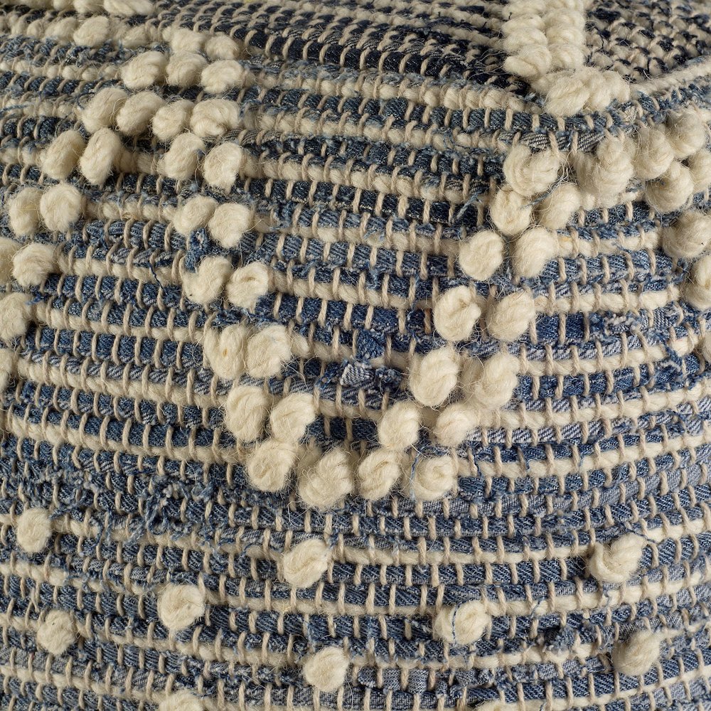 Rofi Blue Denim and Cream Cotton Stitched Square Pouf. Picture 2