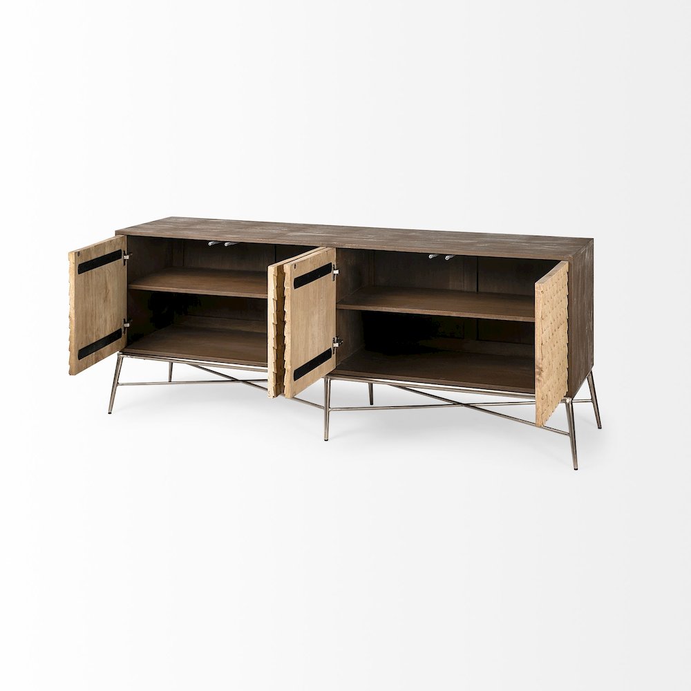 Two-Tone Brown Wood Cabinet Silver Metal Base 4 Cabinet Door Sideboard. Picture 4