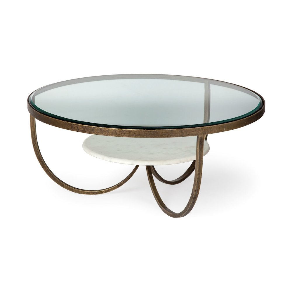 Reinhardt 36" Round Glass Top Marble Shelf Gold Metal Base Coffee Table. Picture 1