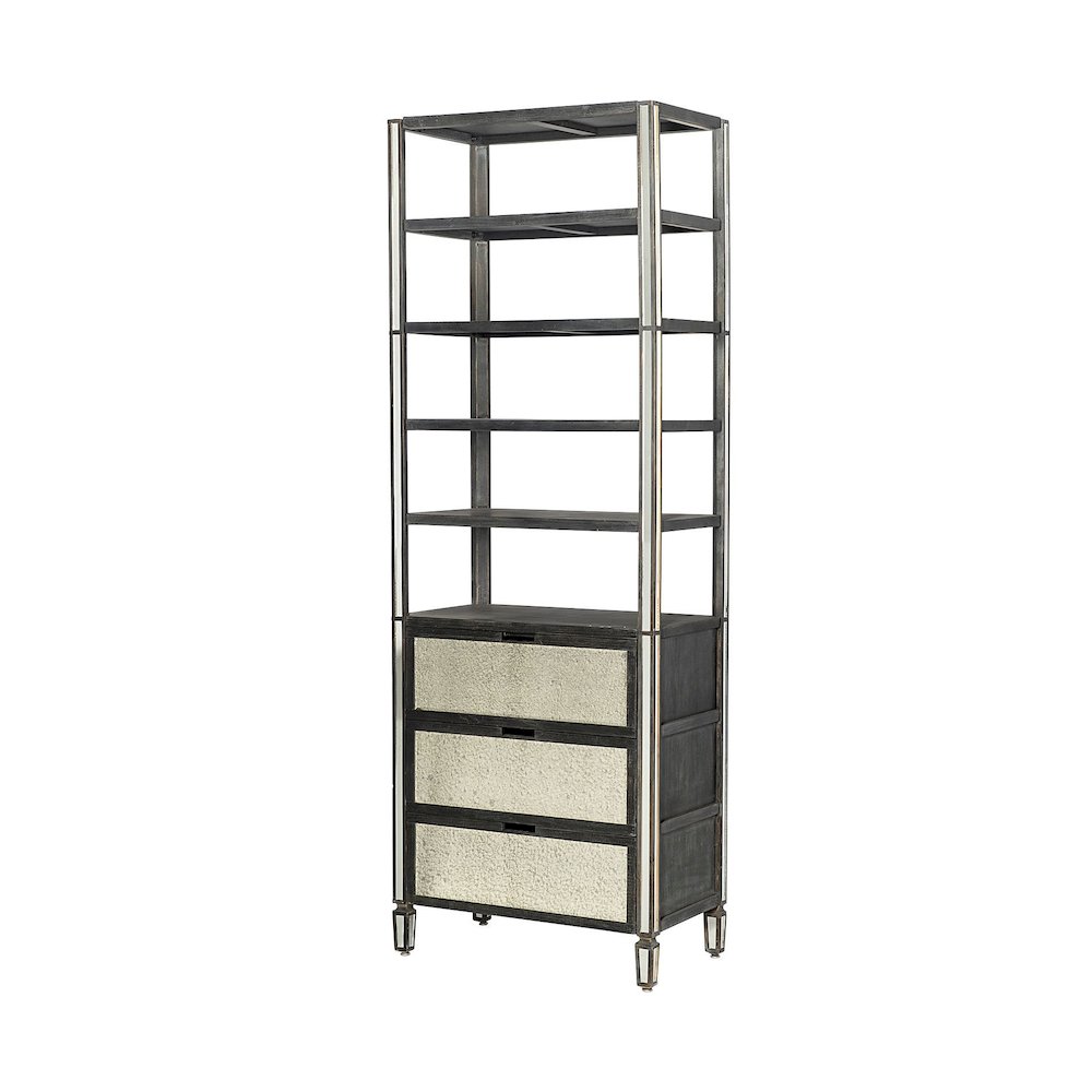 Sunnyvale Dark Brown Solid Wood and Mirrored Glass Four Shelf Shelving Unit. Picture 1