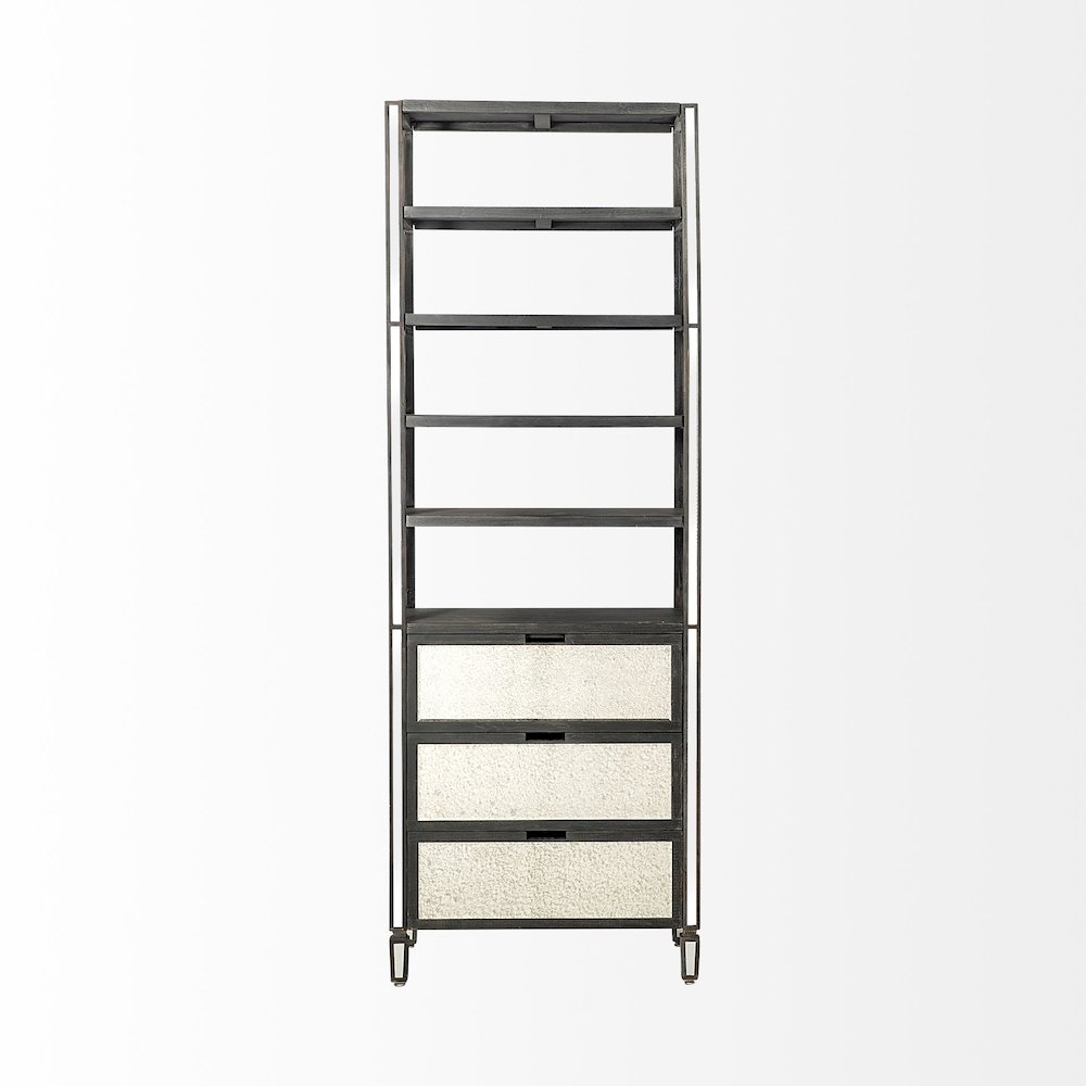Sunnyvale Dark Brown Solid Wood and Mirrored Glass Four Shelf Shelving Unit. Picture 2