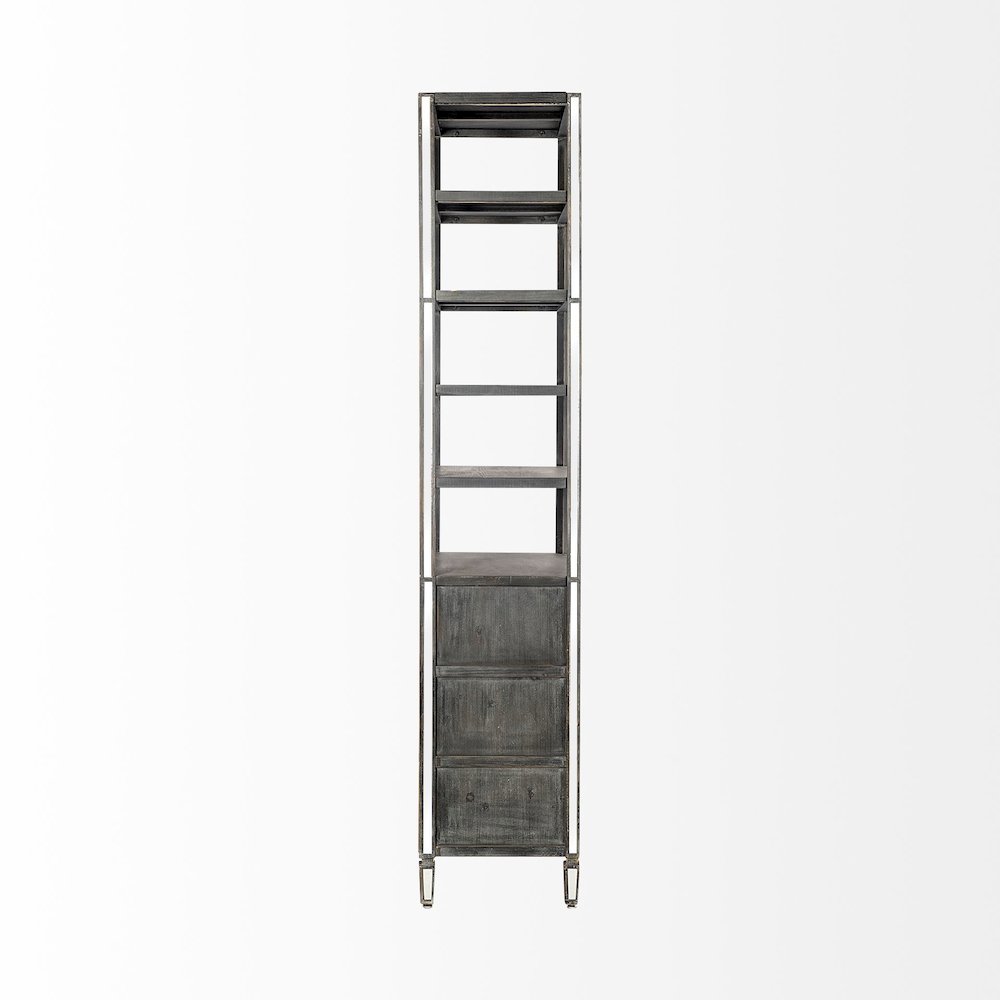 Sunnyvale Dark Brown Solid Wood and Mirrored Glass Four Shelf Shelving Unit. Picture 3