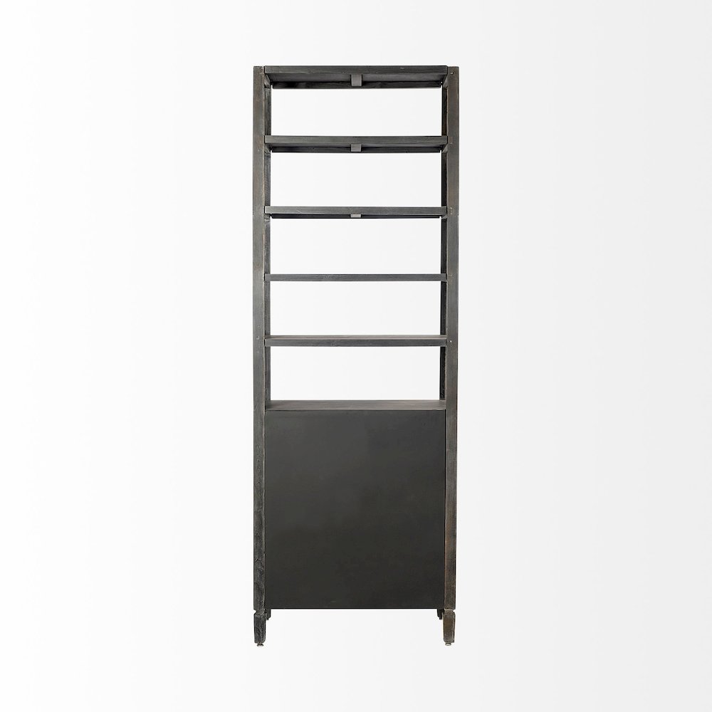 Sunnyvale Dark Brown Solid Wood and Mirrored Glass Four Shelf Shelving Unit. Picture 4
