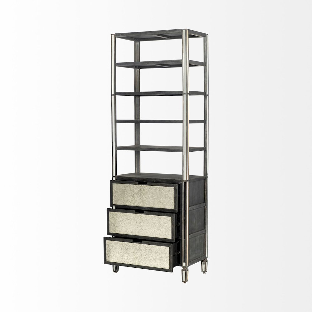 Sunnyvale Dark Brown Solid Wood and Mirrored Glass Four Shelf Shelving Unit. Picture 5