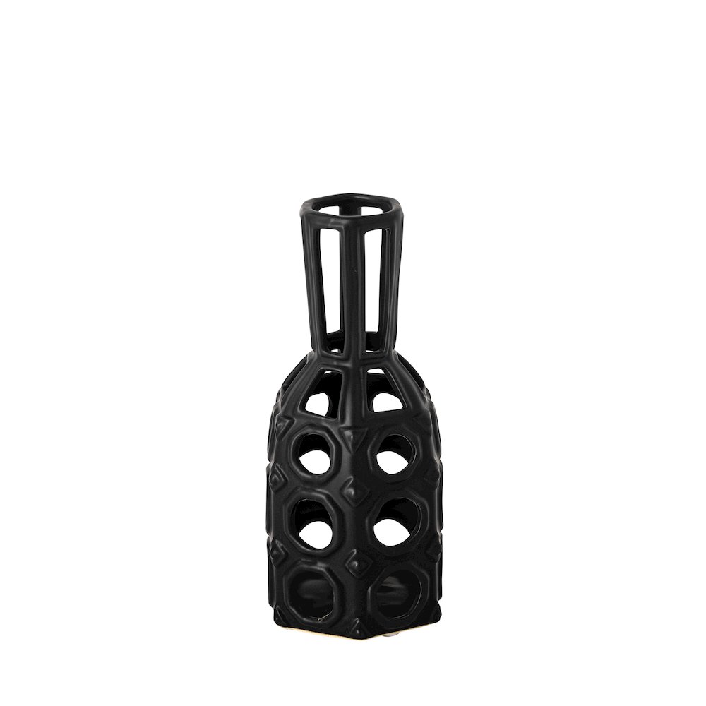 Brunel Small Black Drum-Shaped Ceramic Vase. Picture 1